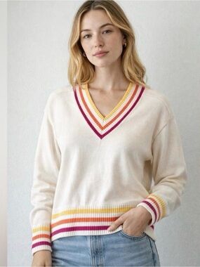 Anthropologie Kerri Rosenthal XO Get Happy V-Neck Varsity style Sweater M